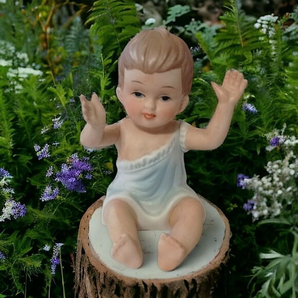 Vintage Piano Baby Bisque Porcelain Figure Blue Boy Arms Up 3.5" Handpainted - Picture 12 of 16